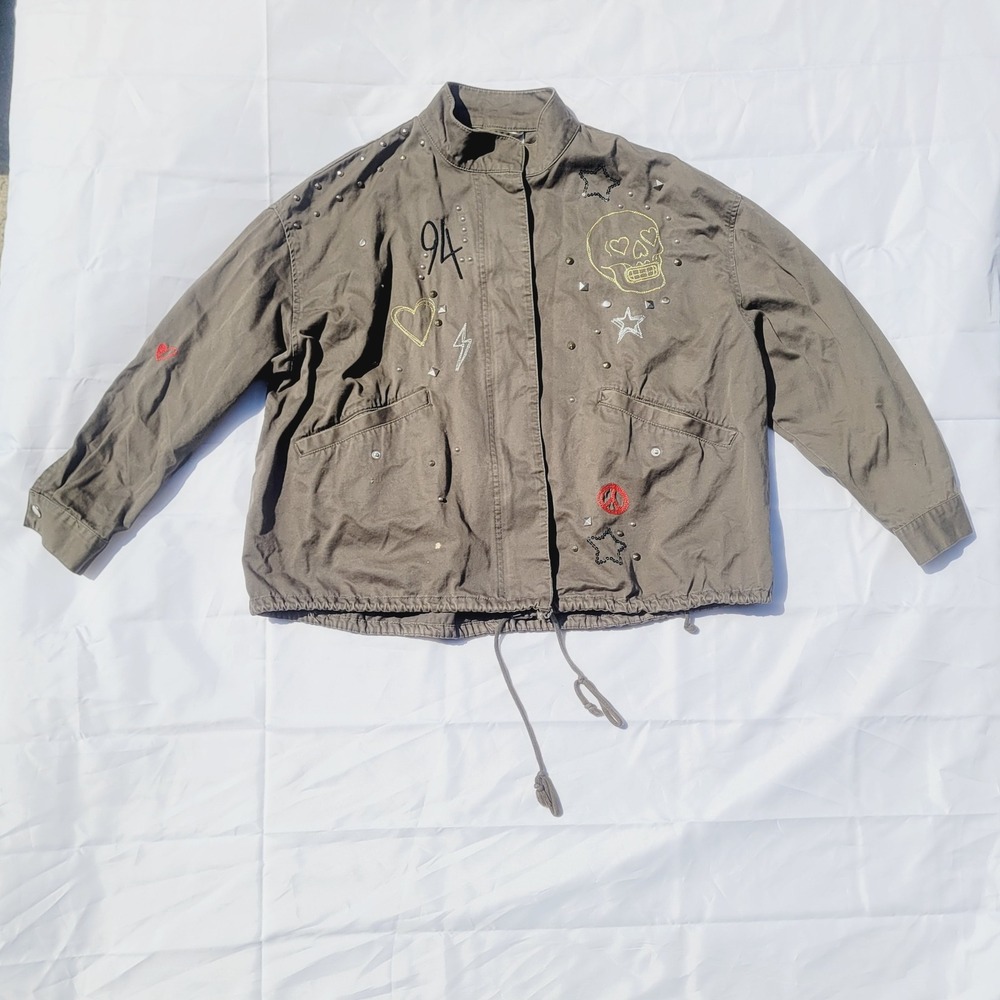 H&M Divided Studded Embroidered Utility Jacket Women's Size L Olive Green‎ J45